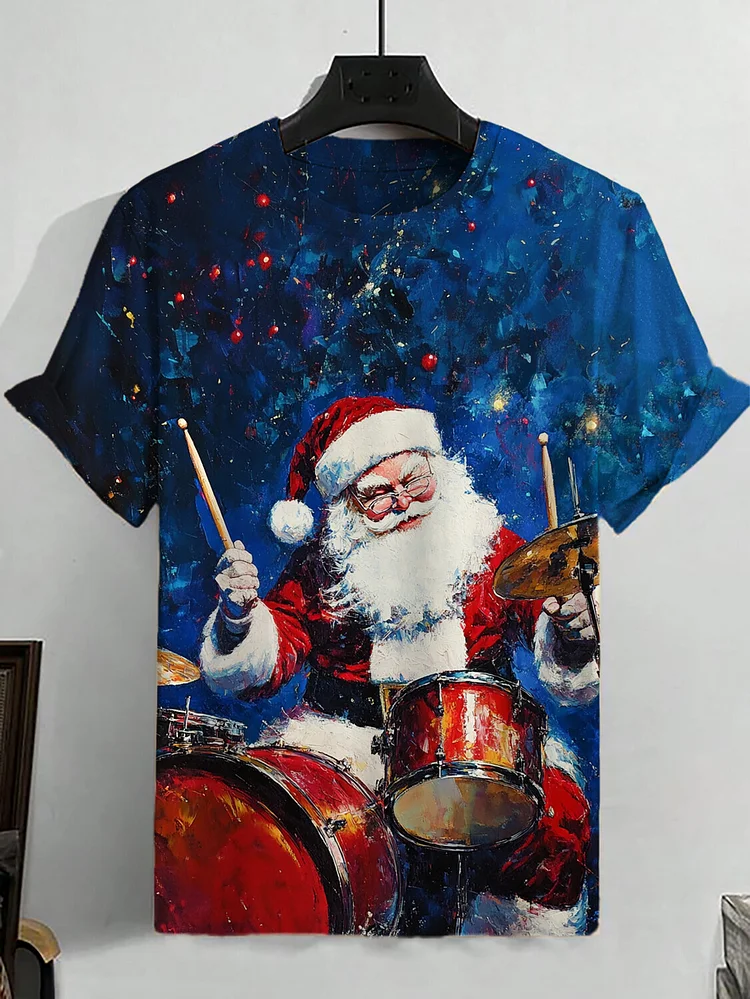 Men's Rock Santa Plays Drum Print Casual T-Shirt