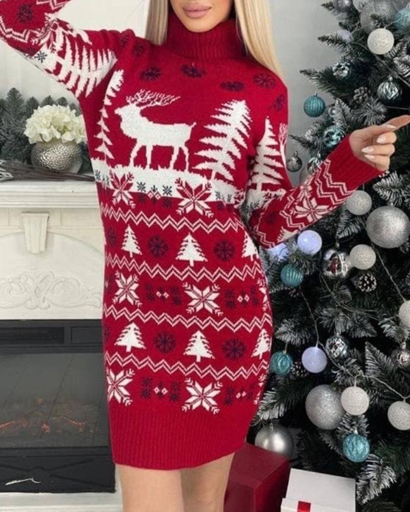 Christmas Tree Elk Pattern High Neck Sweater Dress
