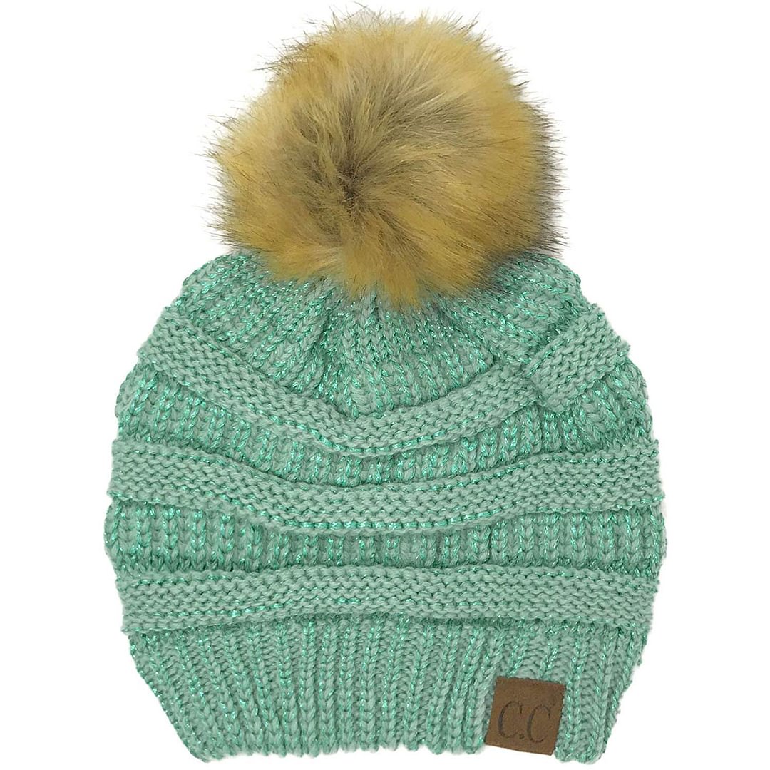 womens and teen Fur Pom Winter Fall Trendy Chunky Stretchy Cable Knit Beanie Hat