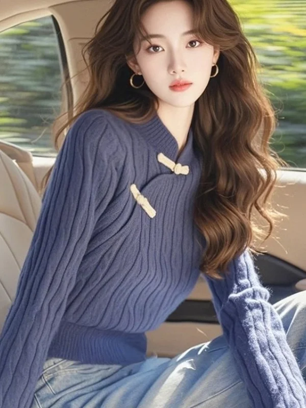 Athvotar Athvotar Chinese Style Blue Retro Collared Knitted Bottom Shirt 2025 Autumn And Winter New Chic Long-Sleeved Top
