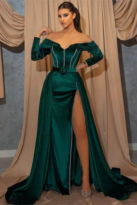 Bellasprom Dark Green Long Sleeves Mermaid Prom Dress Off-the-Shoulder With Slit