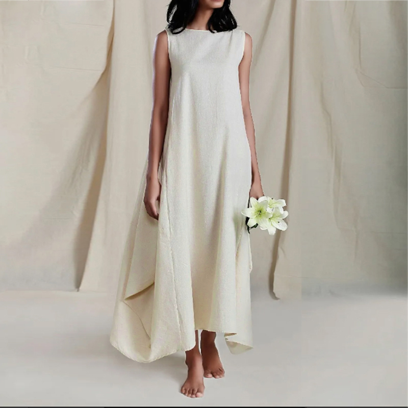 Fashion Cotton Linen Maxi Dress Casual Vestido Female Solid Robe