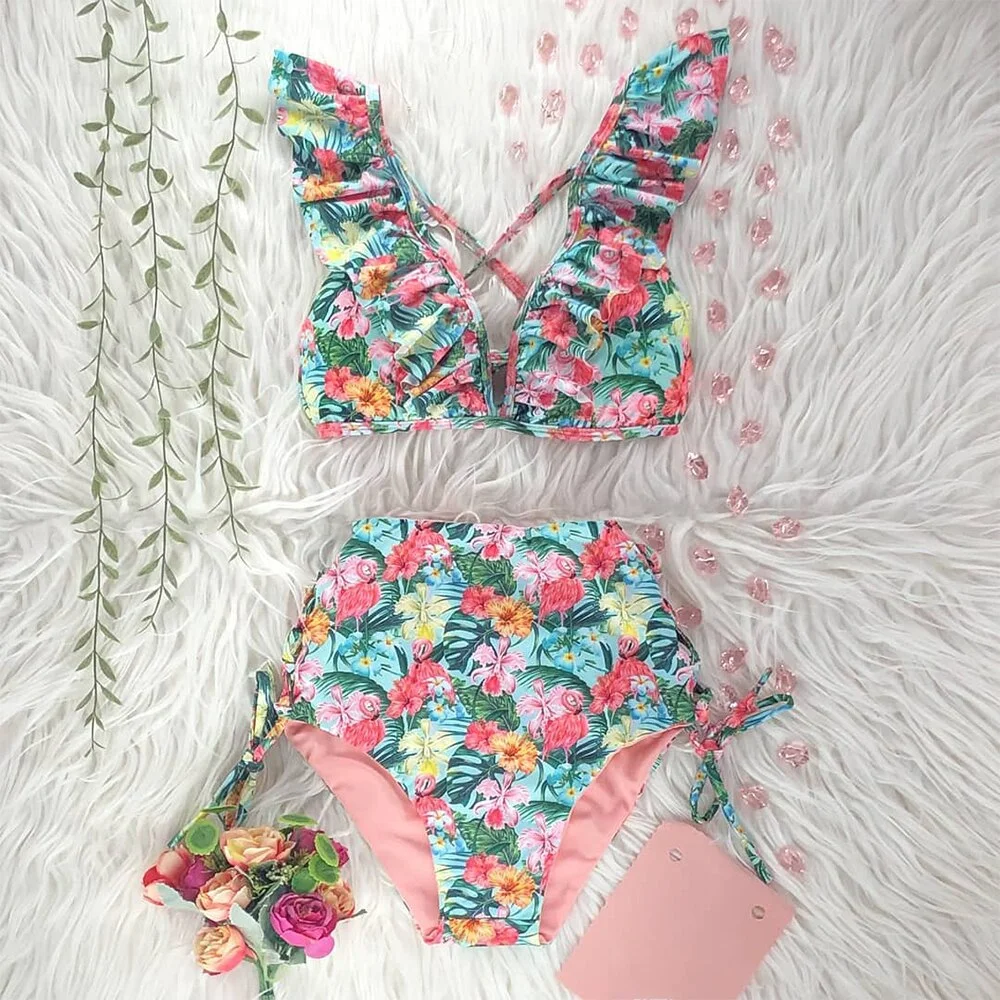 Two-Pieces Women Floral 2022 Push-Up Padded Bra Ruffles Bandage Bikini Set Swimsuit Swimwear Bathing Suit Beachwear Biquini