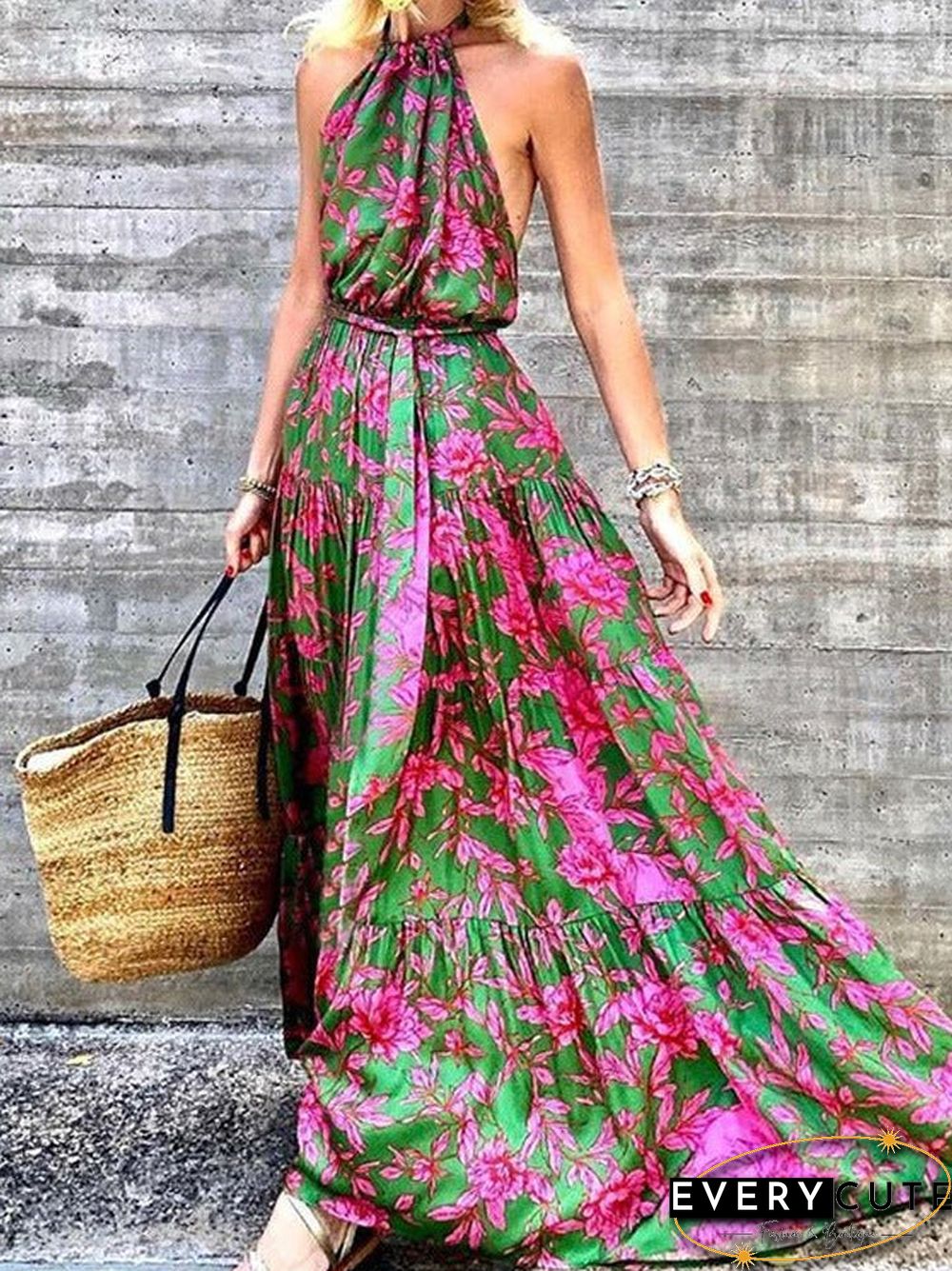 Printed Dress with Open Neck and Waist