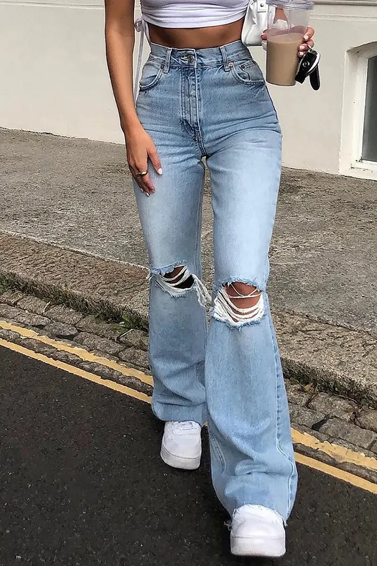 Flared Distressed Wide-Leg Jeans