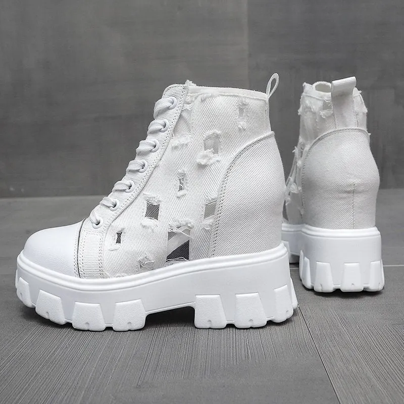 2022 Autumn Hollow Out Canvas Ankle Boots For Women Round Toe Lace Up Hidden Heels Shoes Woman Chunky Platform Booties
