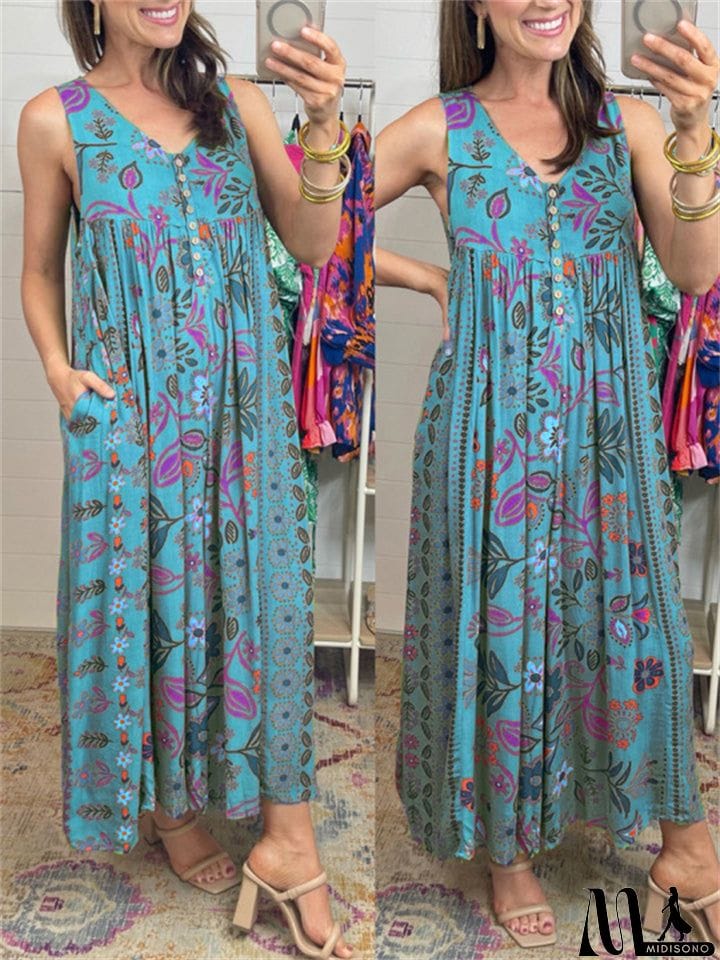 MidiSono - Women's Sleeveless Oversize Vintage Print Wide Leg Jumpsuit