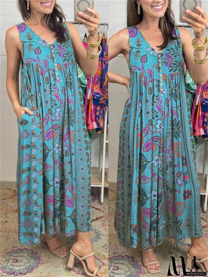 MidiSono - Women's Sleeveless Oversize Vintage Print Wide Leg Jumpsuit