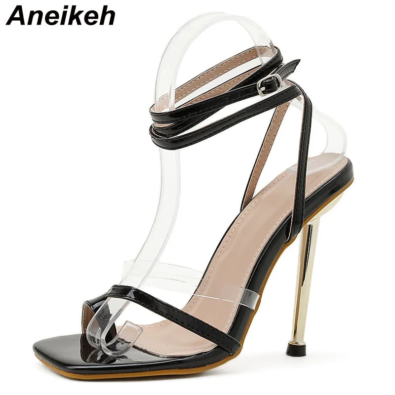 Aneikeh 2021 Summer New Sandals Women Shoes Transparent Color Matching Electroplating High Heel Toe Sandals Heels Party Pumps