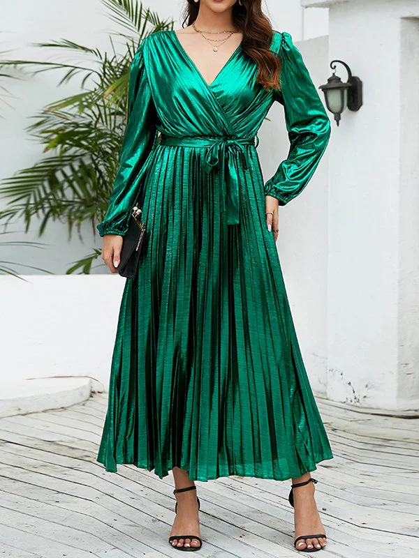 Bronzing Elasticity Pleated Solid Color Tied Waist High Waisted Long Sleeves Deep V-Neck Maxi Dresses