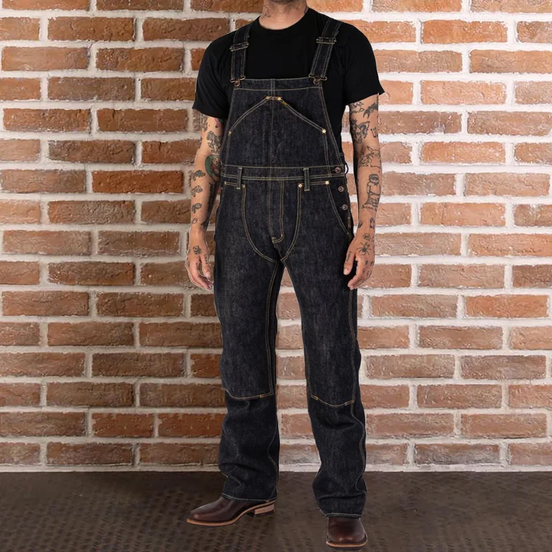 Retro Denim Knee Reinforced Stitching Adjustable Overalls