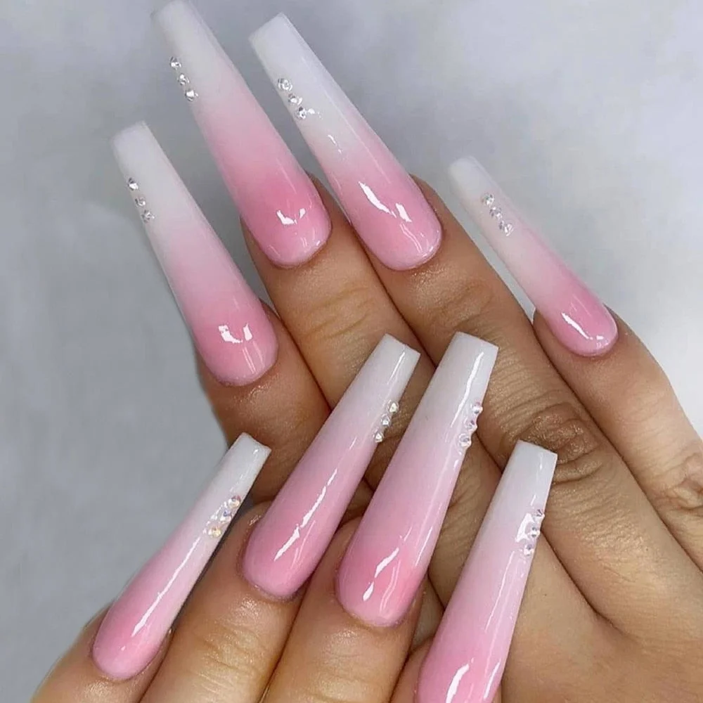 Ballerina Coffin False Nails Pretty Rhinestone Decal False Nails Extra Long Pink White Gradient Artificial Full Nail Art Tips