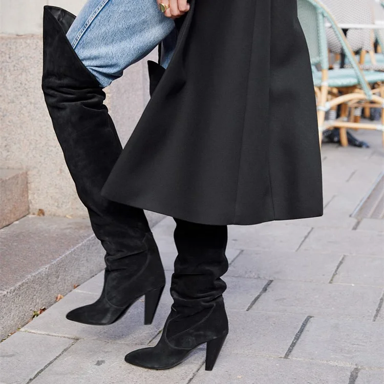 Black Vegan Suede Slouch Boots Cone Heel Almond Toe Over-the-Knee Boots |FSJ Shoes