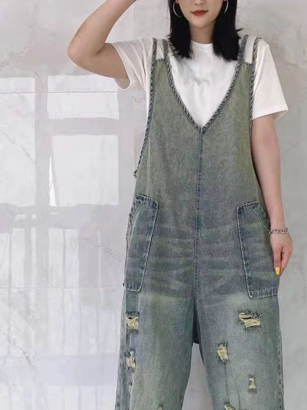 Women's Loose Hole Casual Retro Cropped Workwear Denim Overalls Jumpsuit