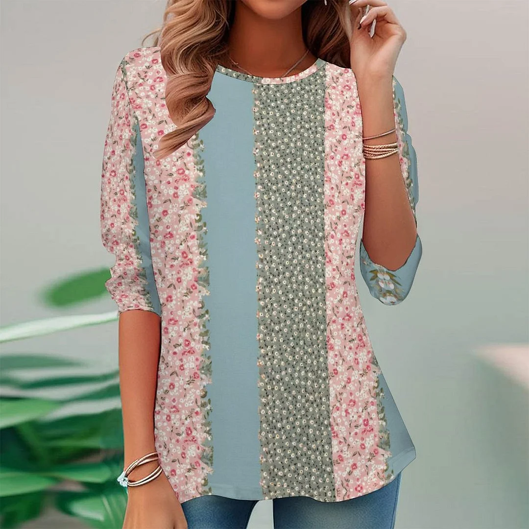 Vintage Printed Long Sleeve Plus Size Tunic for  Women and Men Unisex Pattern Floral,Pink,Green,Stitch