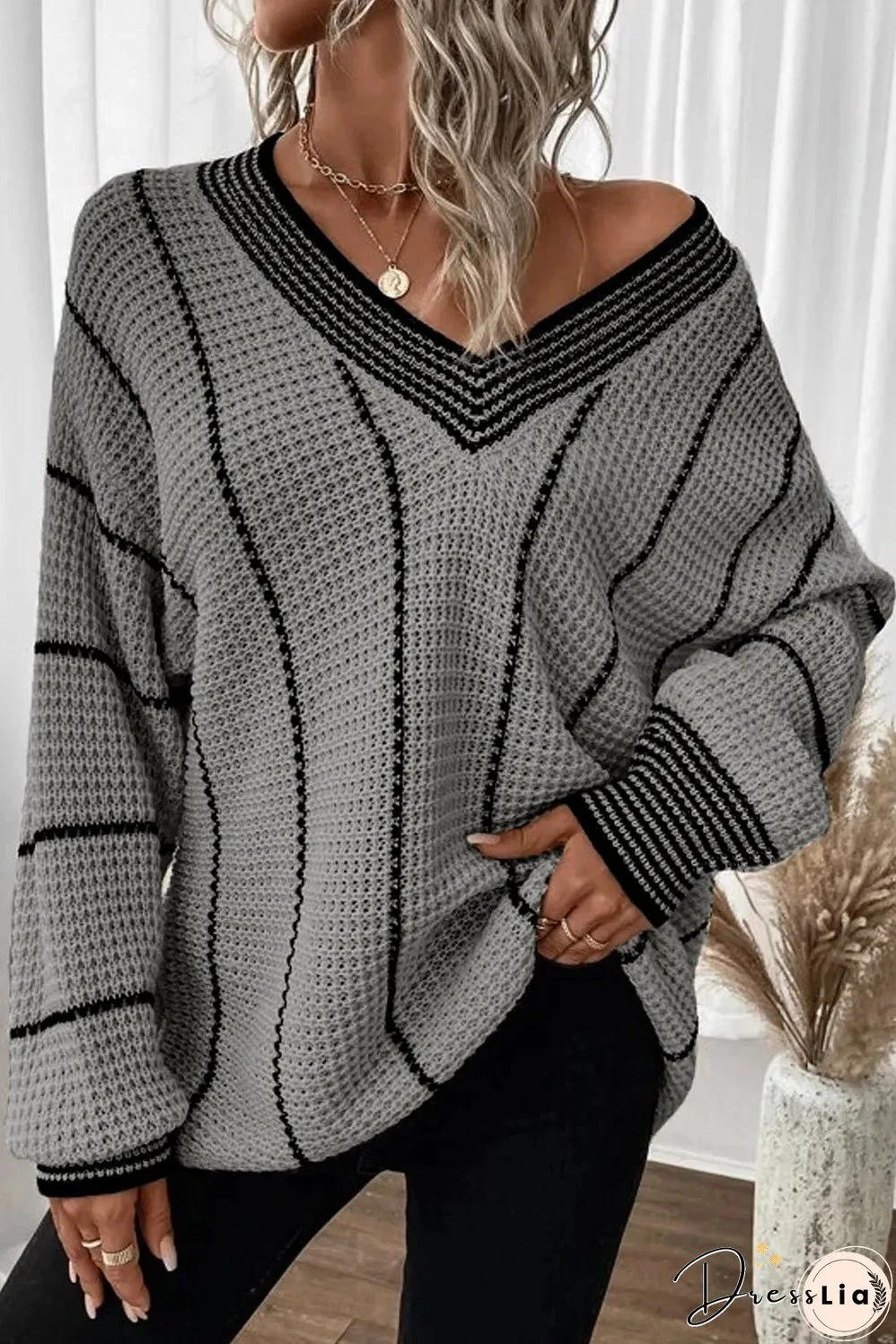 Striped V-Neck Dropped Shoulder Sweater