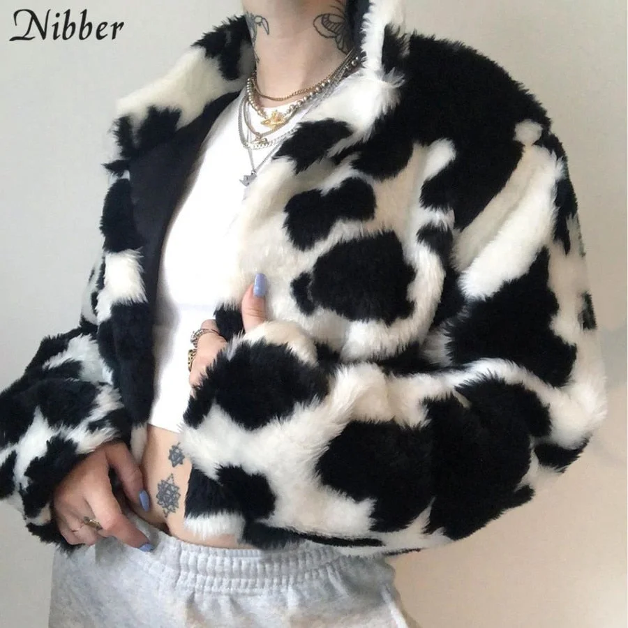 Nibber Winter Warm Faux Fur Cozy Cow Printed Jacket For Women Goth Dark Casual Hairy Streetwear Coat Female Fall Loose Outwear
