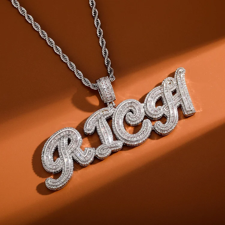 Custom Name Baguette Zircon Cursive Letters Pendant Personalized Necklace Jewelry-VESSFUL