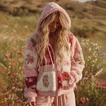 Women's Patchwork Floral Print Plush Hoodie - Image 3