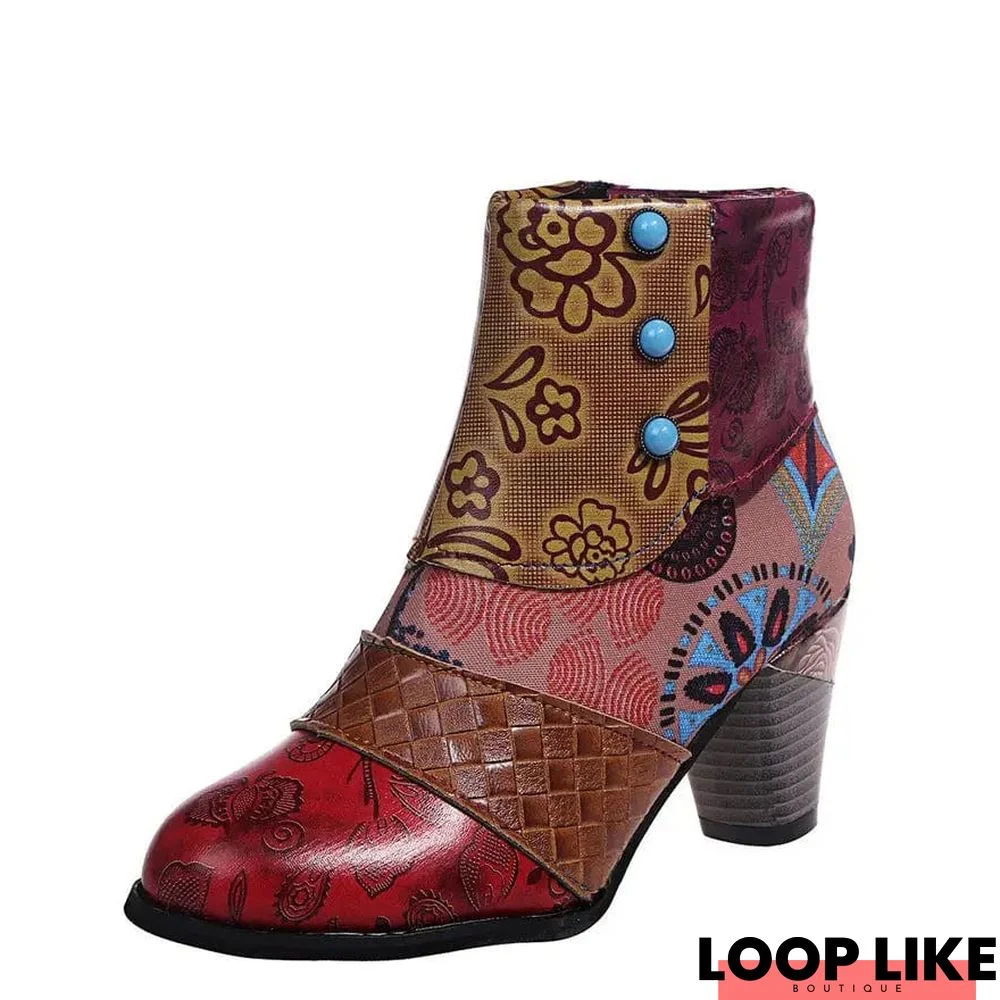 Print Ankle Boots Chunky Mid Heel Boots Women Side Zipper Shoes