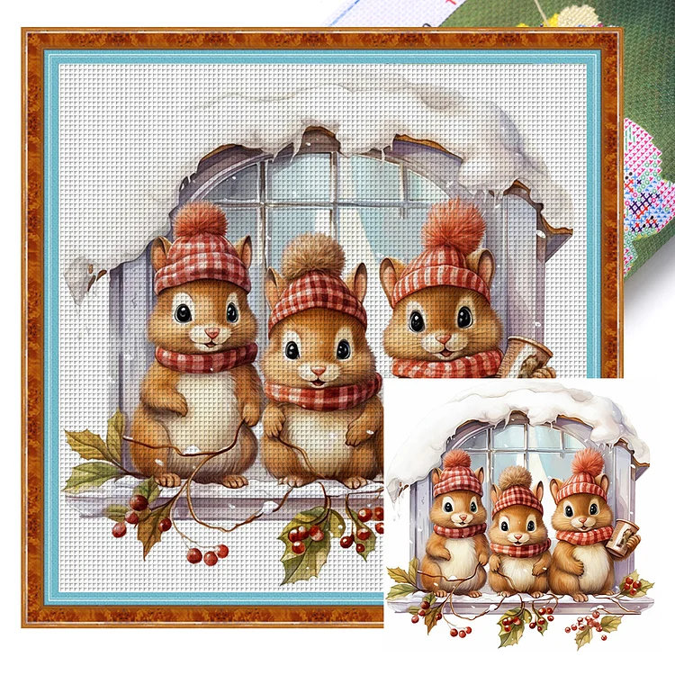 【Huacan Brand】Three Squirrels On The Windowsill 18CT Stamped Cross Stitch 30*30CM