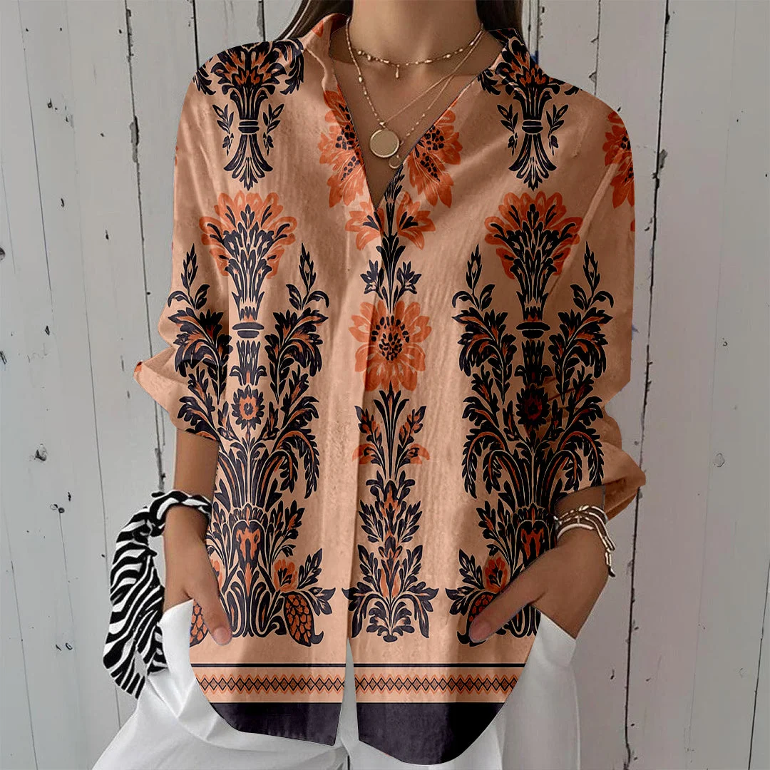 Style & Comfort for Mature Women Women Retro,  Orange,  Black DZCL0422 3/4 Sleeve Shirt Collar Printed Button Tops