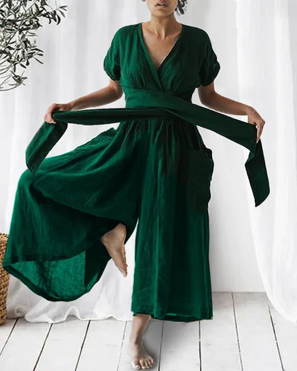 Solid Linen Relaxed Loose Tie Jumpsuit (Green In Stock)-