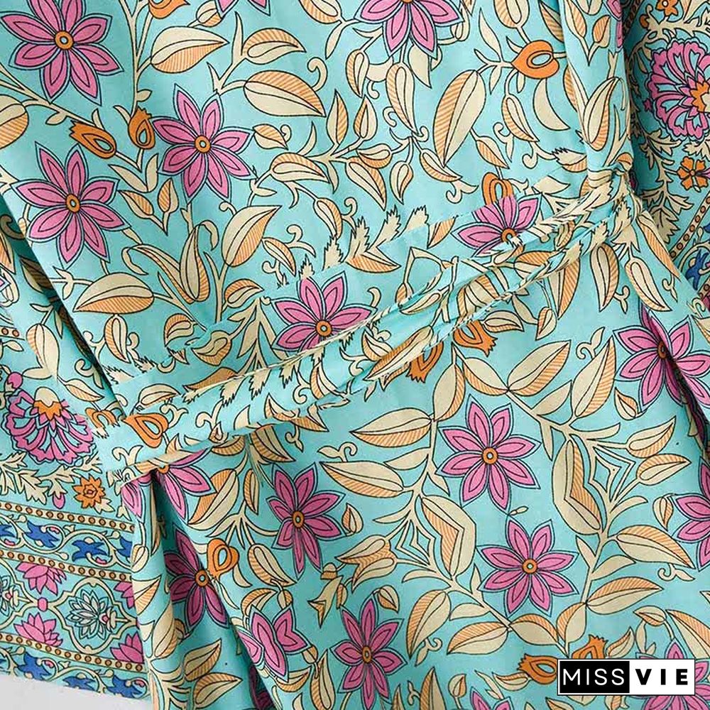 Boho Floral Print Belt Robe Long Cardigan Kimono Outerwear