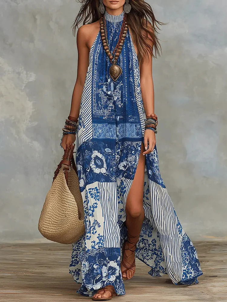 Women's Retro Ethnic Floral Pattern Art Print Casual Fashion Cotton Maxi Dress