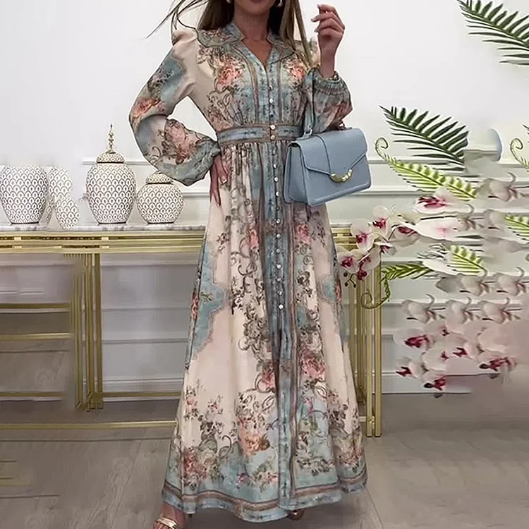 Elegant Floral Print Lantern Sleeve Buttoned A-Line Maxi Dress