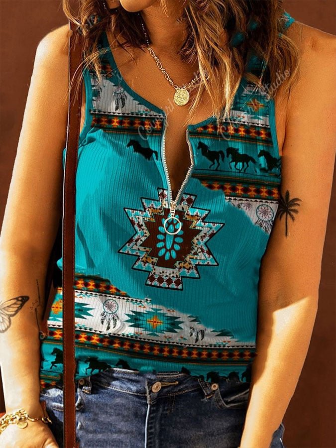Women's Vintage Western Geometric Zip-Up Casual Tank Top
