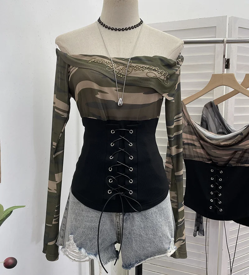 Nigikala Nigikala Real Shot Of The Hottie Shoulder Mesh Hot Diamond To Receive The Belt Strap Horn Long Sleeve Top Short T-Shirt 2760