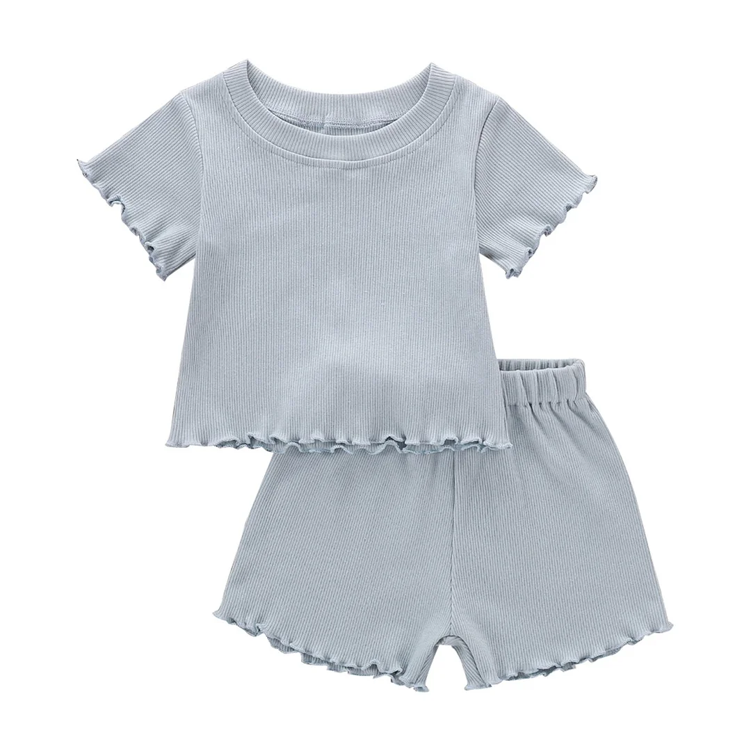 2Pcs Toddlers Summer Ribbed Suit Solid Color O-Neck Short Sleeves Tops + Elastic Waist Shorts Outfits for Girls, Boys 1-5T