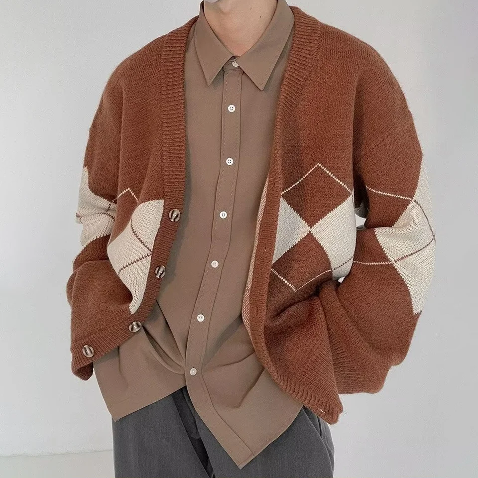 Men'S Geometric Diamond Knit Loose Fit Cardigan