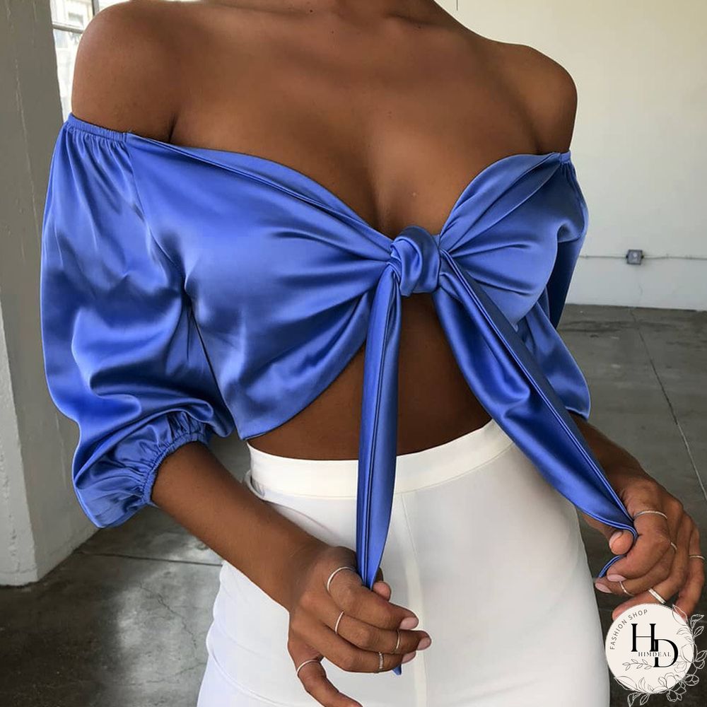 Sexy Satin Slik Crop Top Women Bow Sashes Neck Sleeveless Half Sleeve Cropped Backless