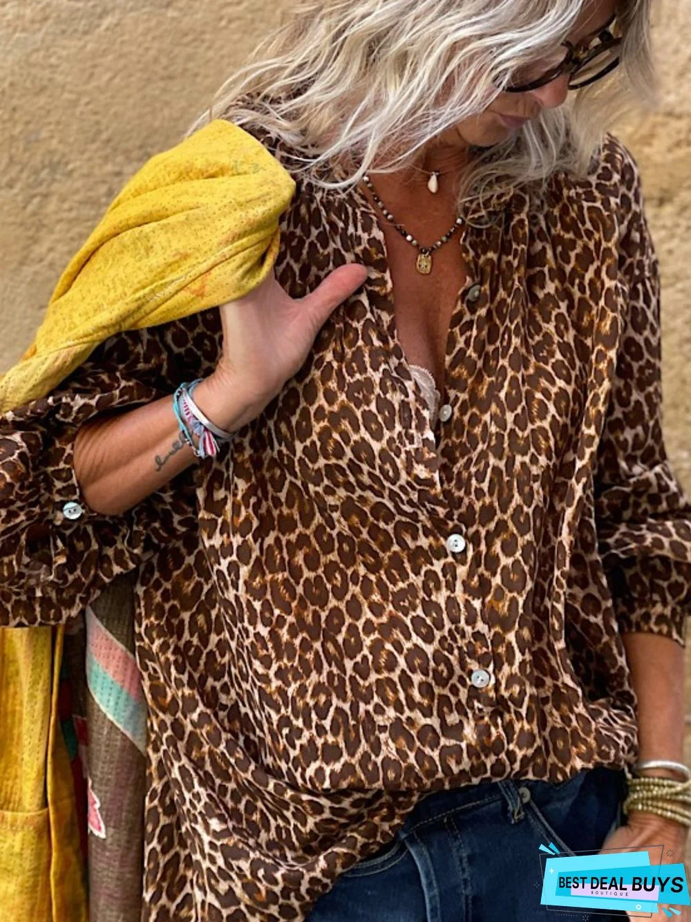 Casual Leopard Long Sleeve Shirt Collar Printed Top Blouse