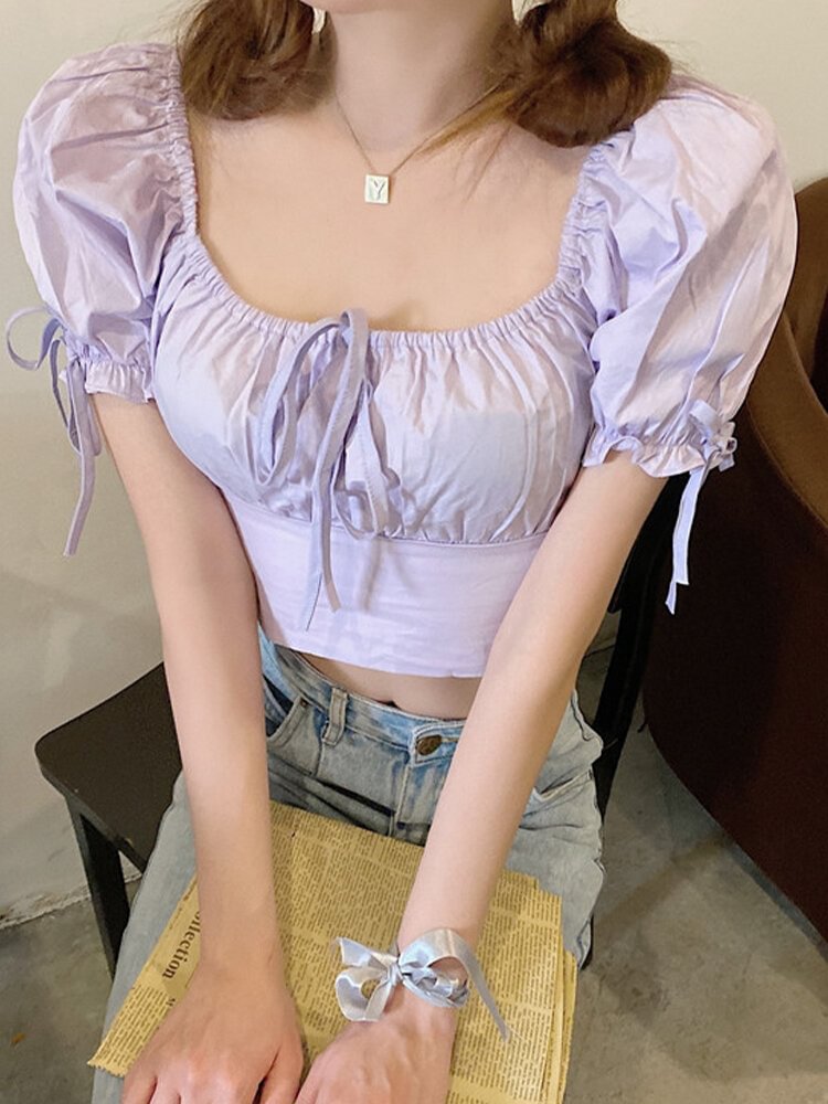 Solid Color Puff Sleeve Drawstring Short Tank Top P1729443