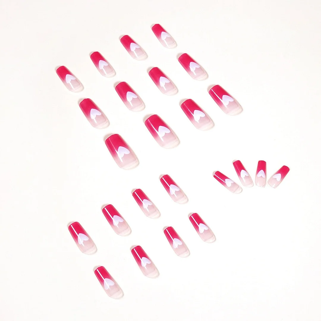 24Pcs/Set Gradient White Heart Design False Nail French Full Cover Fake Nails Glue DIY Manicure Nail Art Tools-Nail Inspo