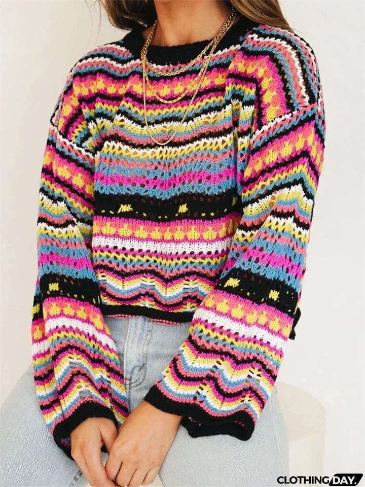 Stylish Stitching Knitted Loose Multicolor Round Neck Striped Sweater