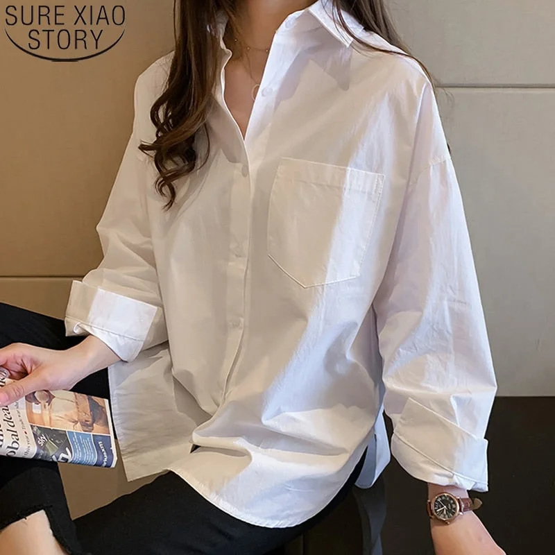 New Oversize Blouse White Long Shirt Women Casual 4XL Loose Temperament Long Sleeve Shirt Cotton Bottoming Casual Tops 13038