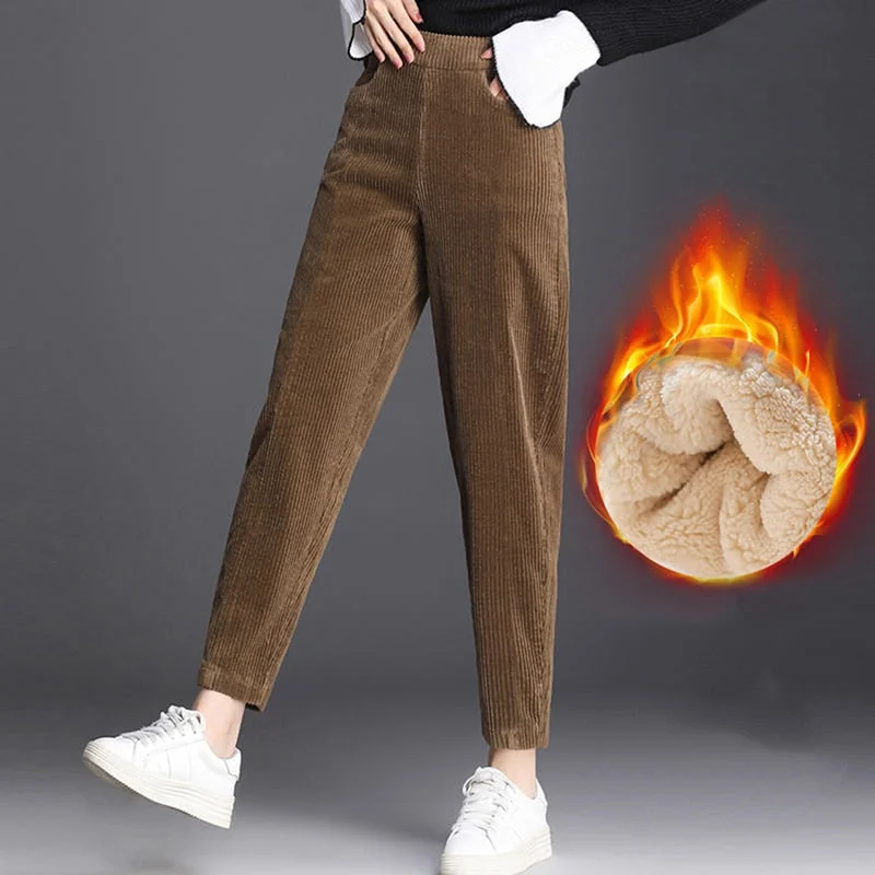 Women Pants Winter Casual Plush Thick Warm Pocket Corduroy Gym Workout Sport Pants Female Solid High Waist Cashmere Trousers