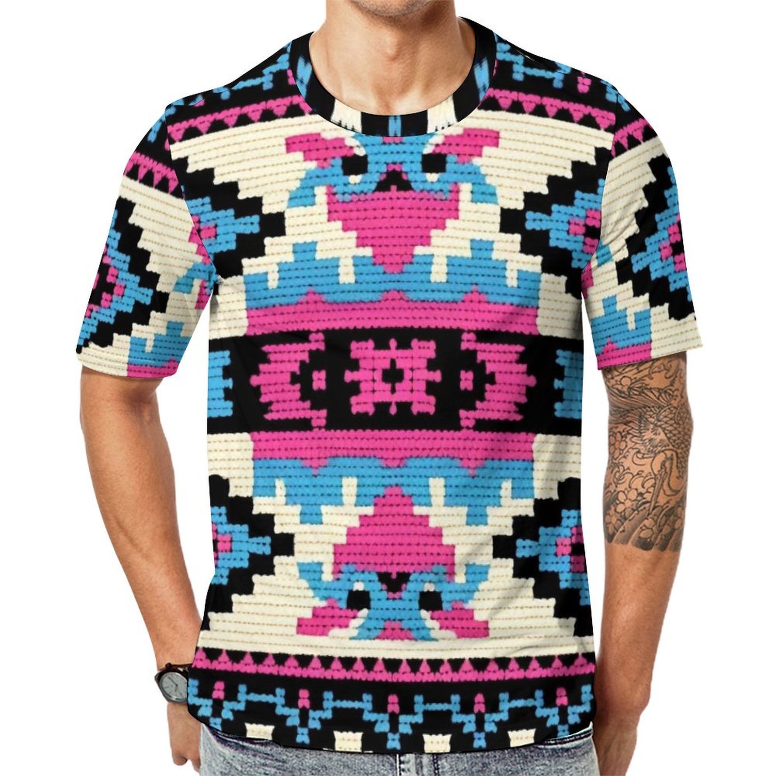 Vintage Aztec Pink Blue Knitted Short Sleeve Print Unisex Tshirt Summer Casual Tees for Men and Women Coolcoshirts