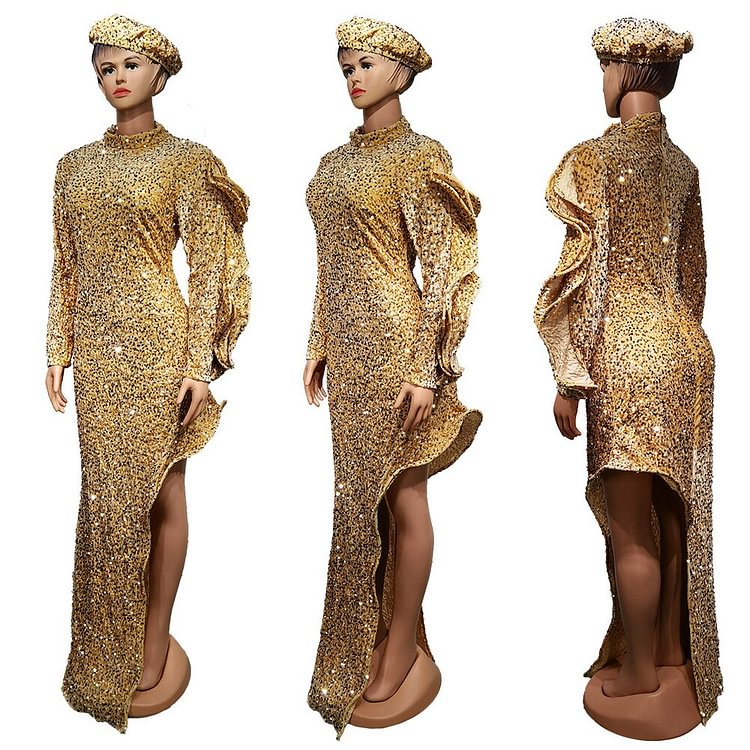 African Americans fashion QFY African Dresses For Women 2022 New Elegant Dubai Turkish Sequin Evening Dress &amp; Hat Long Sleeve Gown Robe Africaine Femme Ankara Style QueenFunky