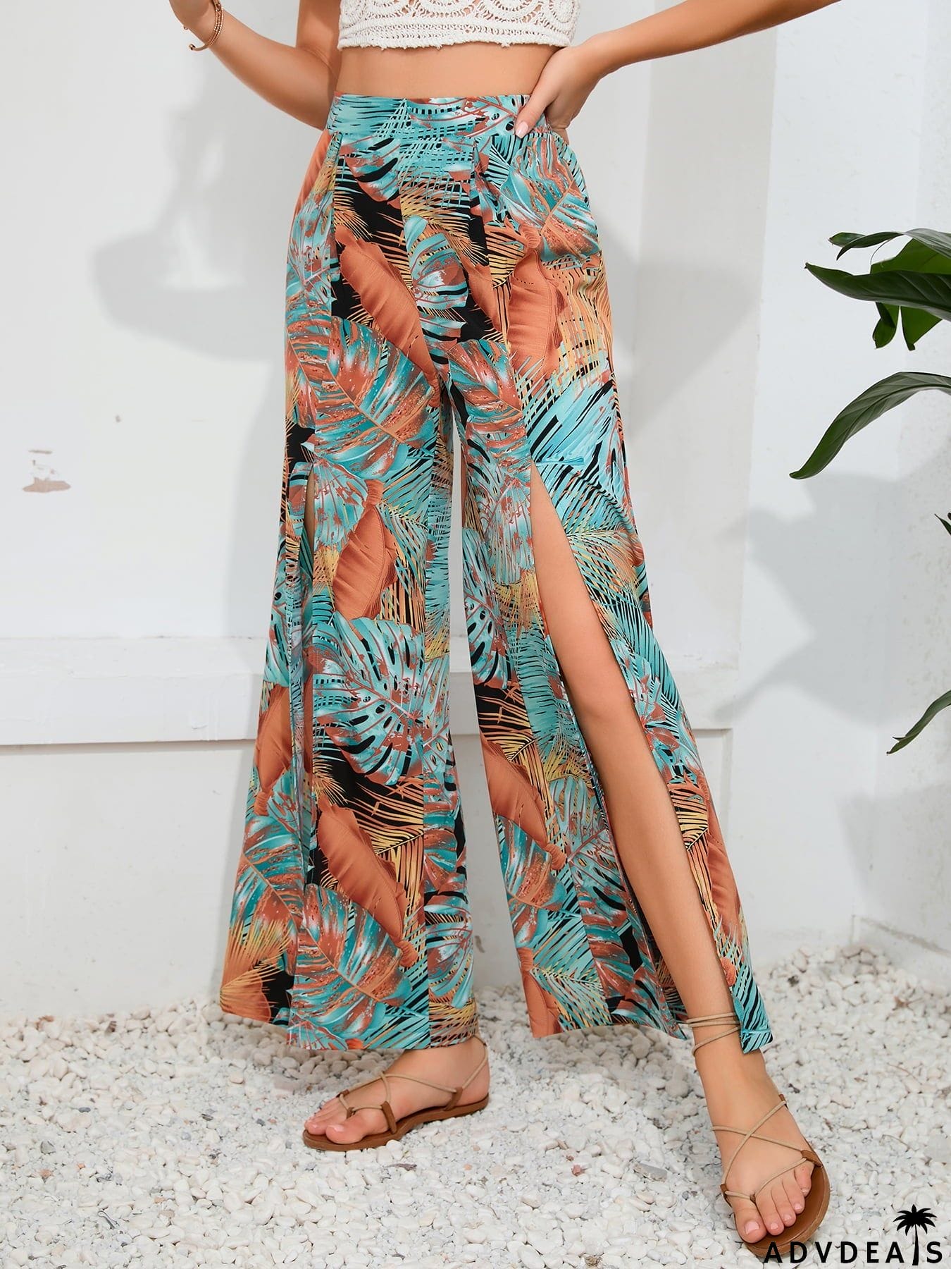 Printed Split Wide Leg Long Pants
