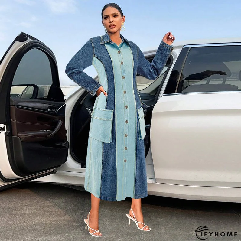 Plus Size Women's Denim Patchwork Turndown Collar Long Sleeve Long Dress | IFYHOME