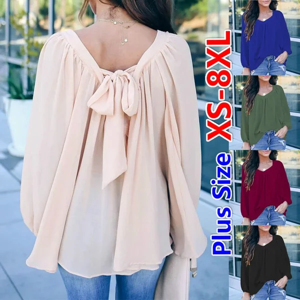 Plus Size XS-8XL Women's Fashion Clothes Pure Color Long Sleeve Shirts Elegant Ladies Casual V-neck Tops Spring and Autumn Bow-knot Lace Up Loose Chiffon Blouse