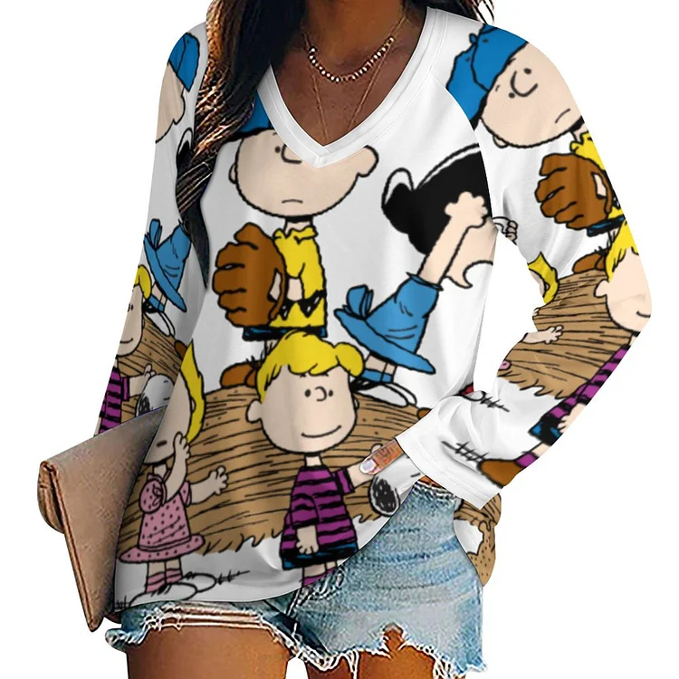 Peanuts The Gang At The Pitchers Mound Lumbar Women Crew Neck Dressy Tops Loose V-Neck Long Sleeve Tunic Tops - Heather Prints Shirts