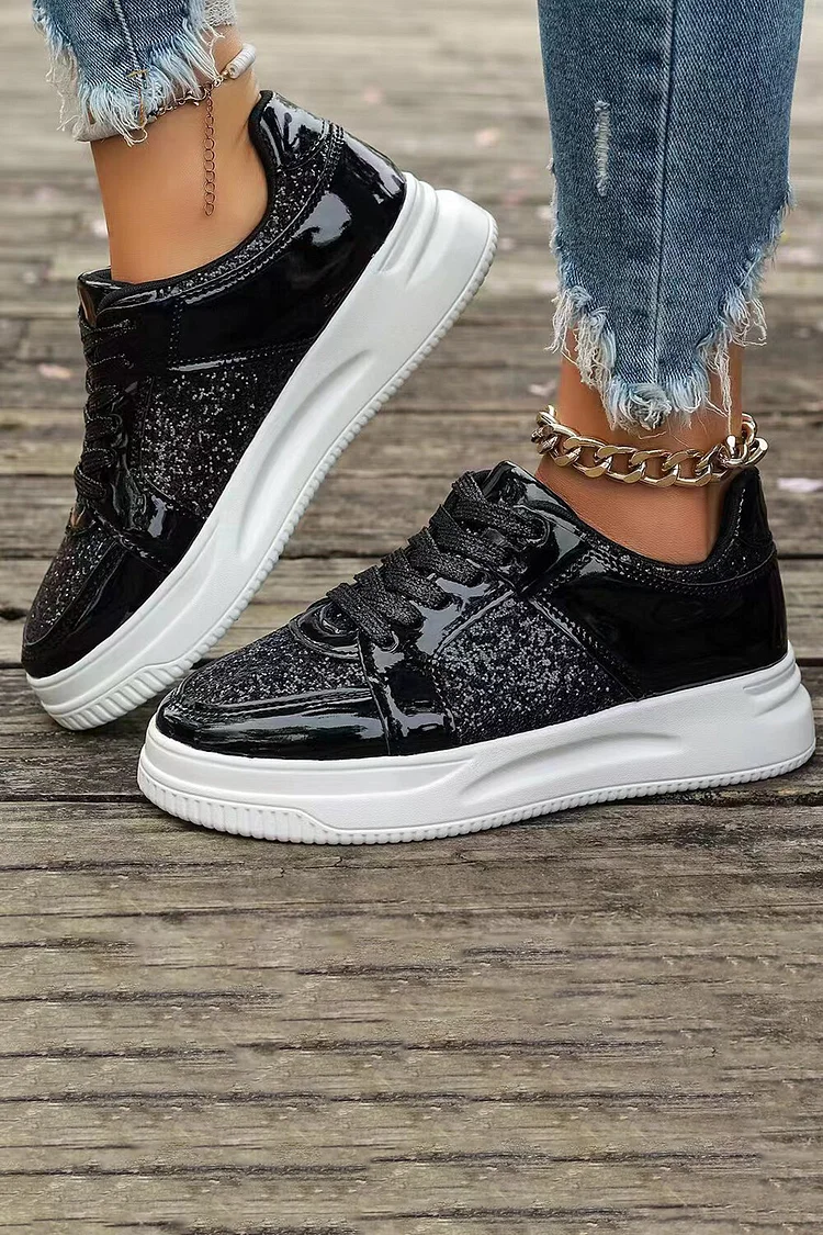 Casual Leather Sequin Patchwork Lace-Up Solid Platform Sneakers 2024 - Xpluswear