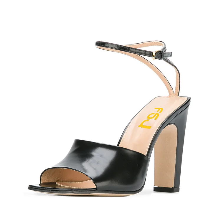 Women's Black Heels Peep Toe Ankle Strap Sandals |FSJ Shoes