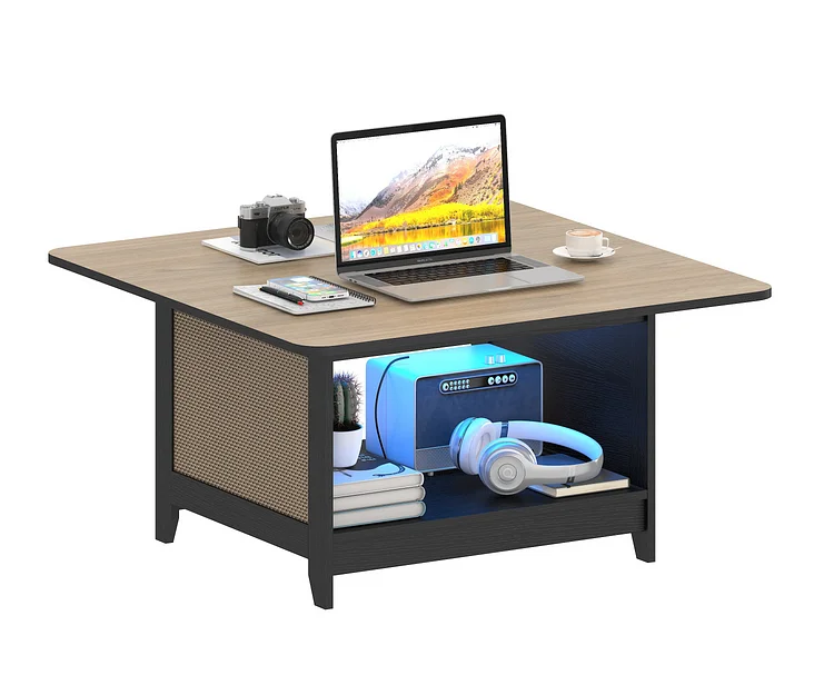 35.43 in. Black Rectangle LED Modern Wood Coffee Table with Open Storage